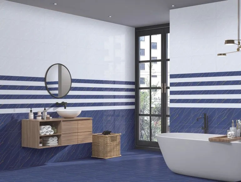 Charming blue bathroom design with a functional sink with cabinet and mirror